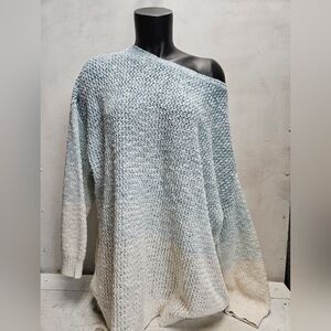 CJ Banks 2X Blue/Cream Ombre Cotton Open Knit Oversized Off Shoulder Sweater